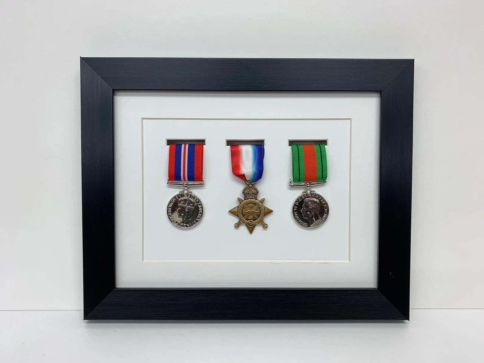 Kwik Picture Framing Ltd 3 Medal War Medal Display Frame 32x27cm, White Mount - Military Shadow Box Display Case | Army RAF Navy Wall Mounted Memorabilia