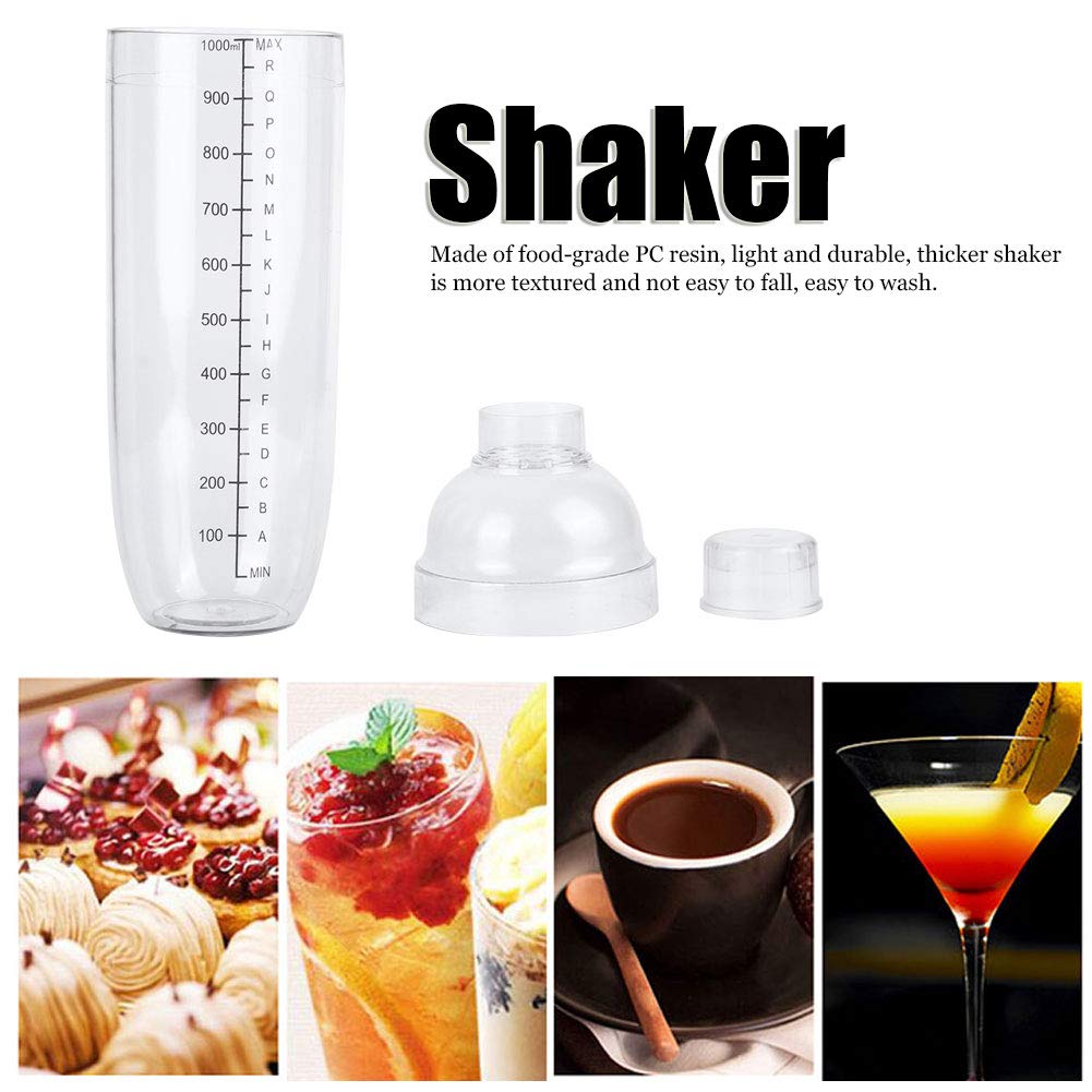Cocktail Shaker, Clear Resin Cocktail Shaker Hand Drink Mixer Boba Tea Shaker Cup Wine Mixer Bottle with Scale and Strainer Top for Home Use (1000ml)