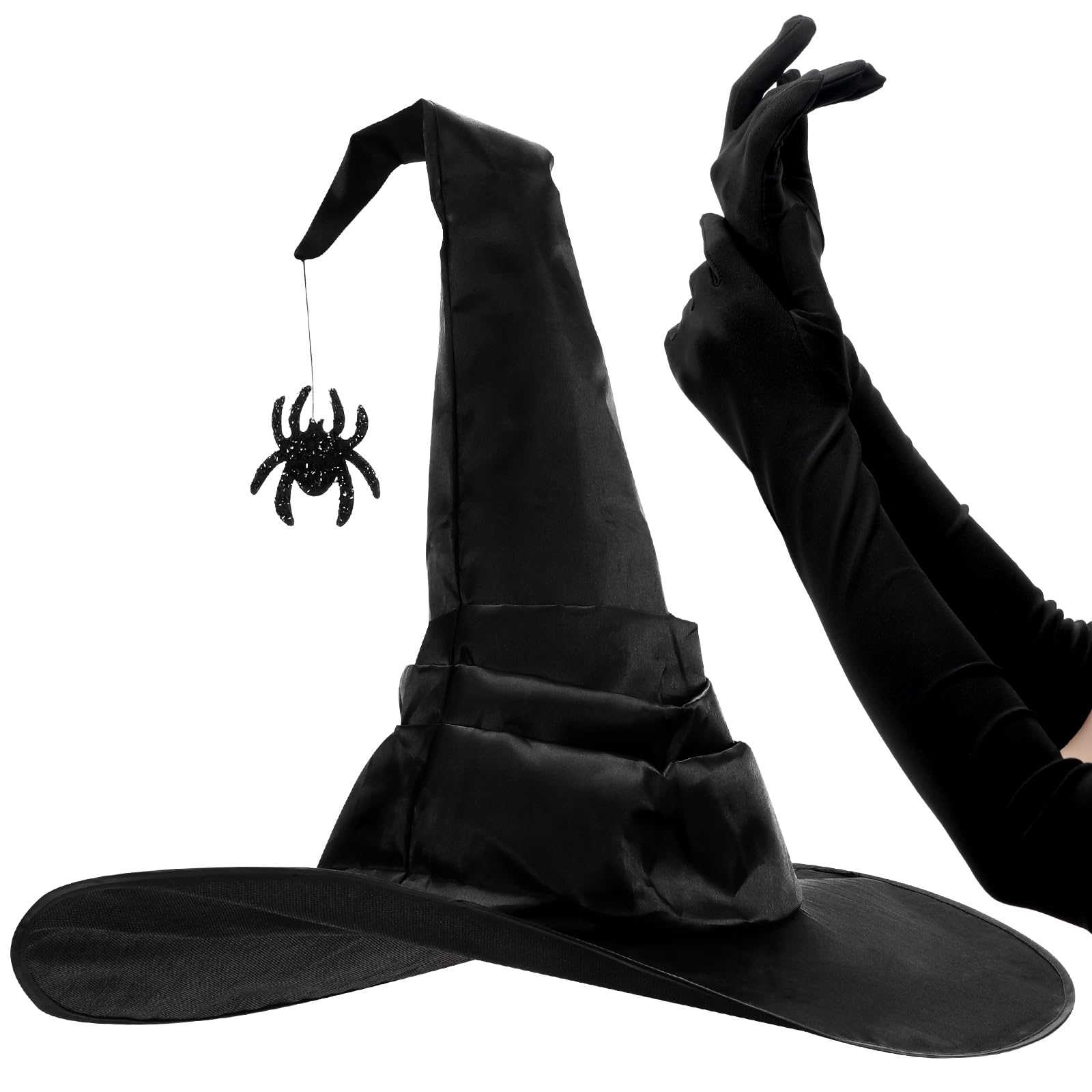 GONNCZ Black Witch Hat and Gloves for Women Witch Costume Accessories for Adults Satin Hat with Glitter Spider & 65cm Long Stretch Gloves,Fancy Dress for Halloween Party & Cosplay