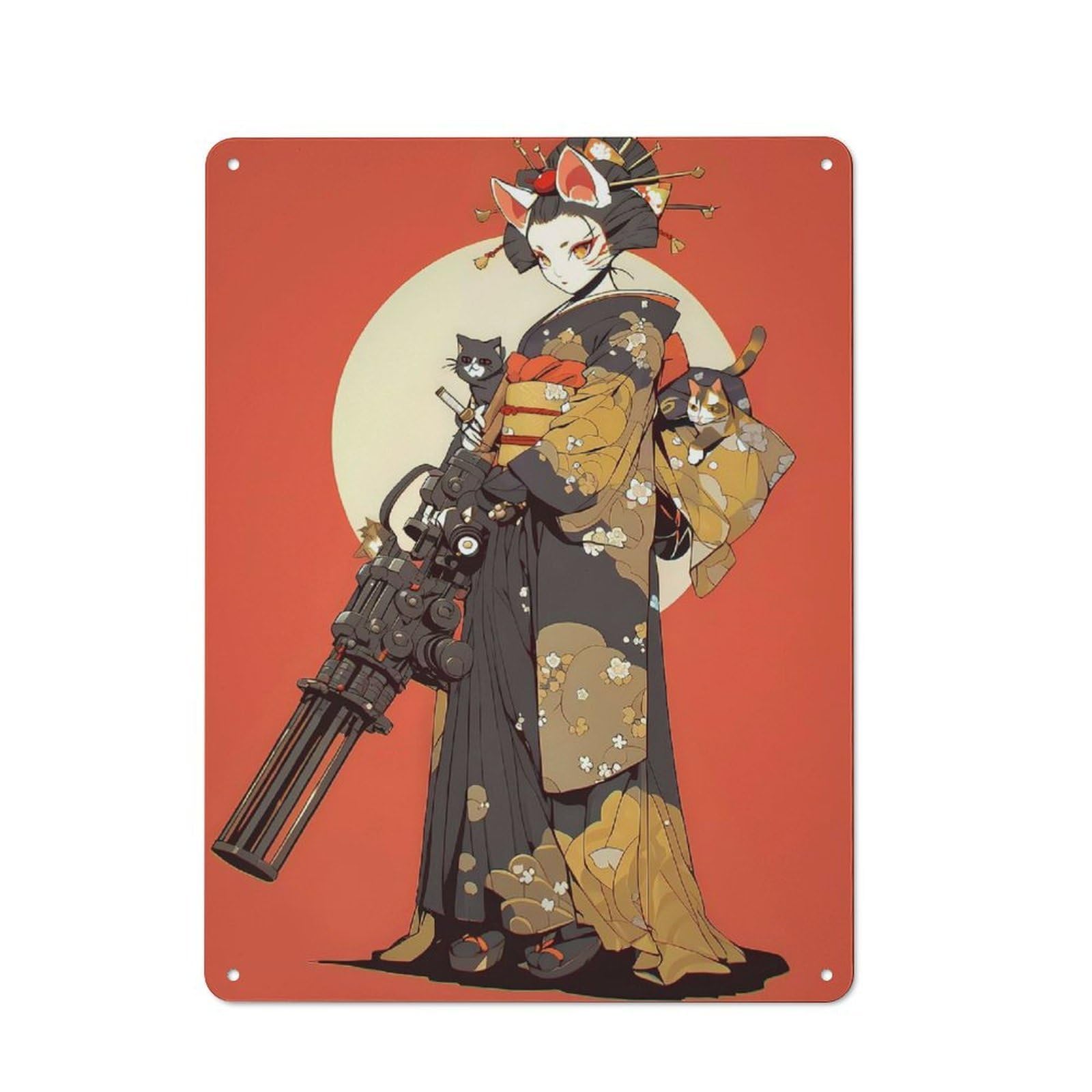 Junmoney Style-1 Geisha Cat Gatling Retro Metal Wall Decor 40X30cm, Metal Wall Art Sign For Living Room, Hallway, Kitchen Or Cafe