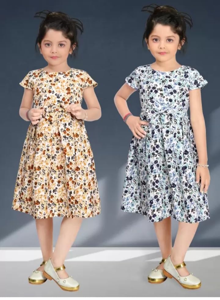 Image of Girls Pure Cotton Casual Round Neck Regular feet Multi Color Girls Gown Dress Half Sleeve Set of 3 pcs