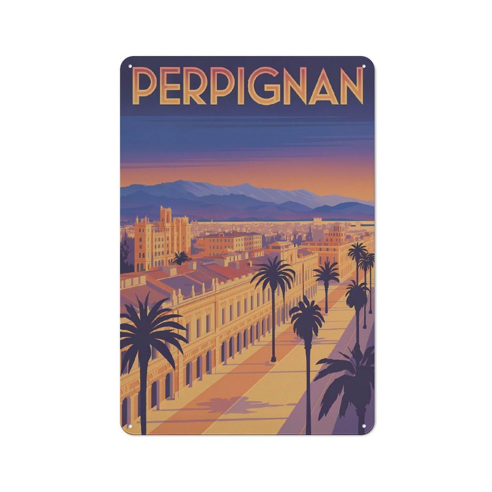 Junmoney Style-20 Tin Wall Plaque 30X20cm With Perpignan Cityscape Travel For Home Office Or Studio, New Home Wall Decor For Home Office Decor Fans