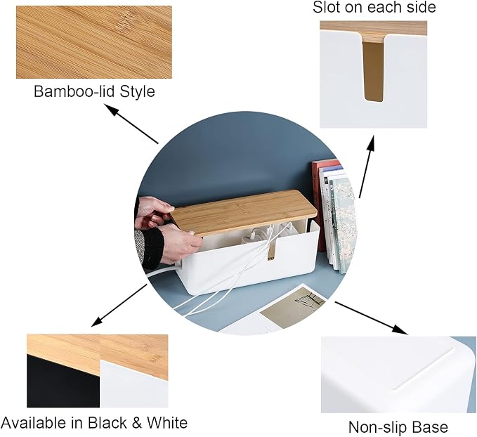Caja organizadora para cables Changsuo pequeña con tapa de bambú para regleta de poder, protector contra sobretensiones y ocultación de cables (blanca) miniatura 6