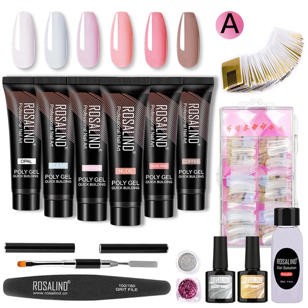 ROSALIND 6Pcs 15ml Nail Glue Quick Building Set Base & Top Coat Nail Molds Manicure Toolset KUNTOM