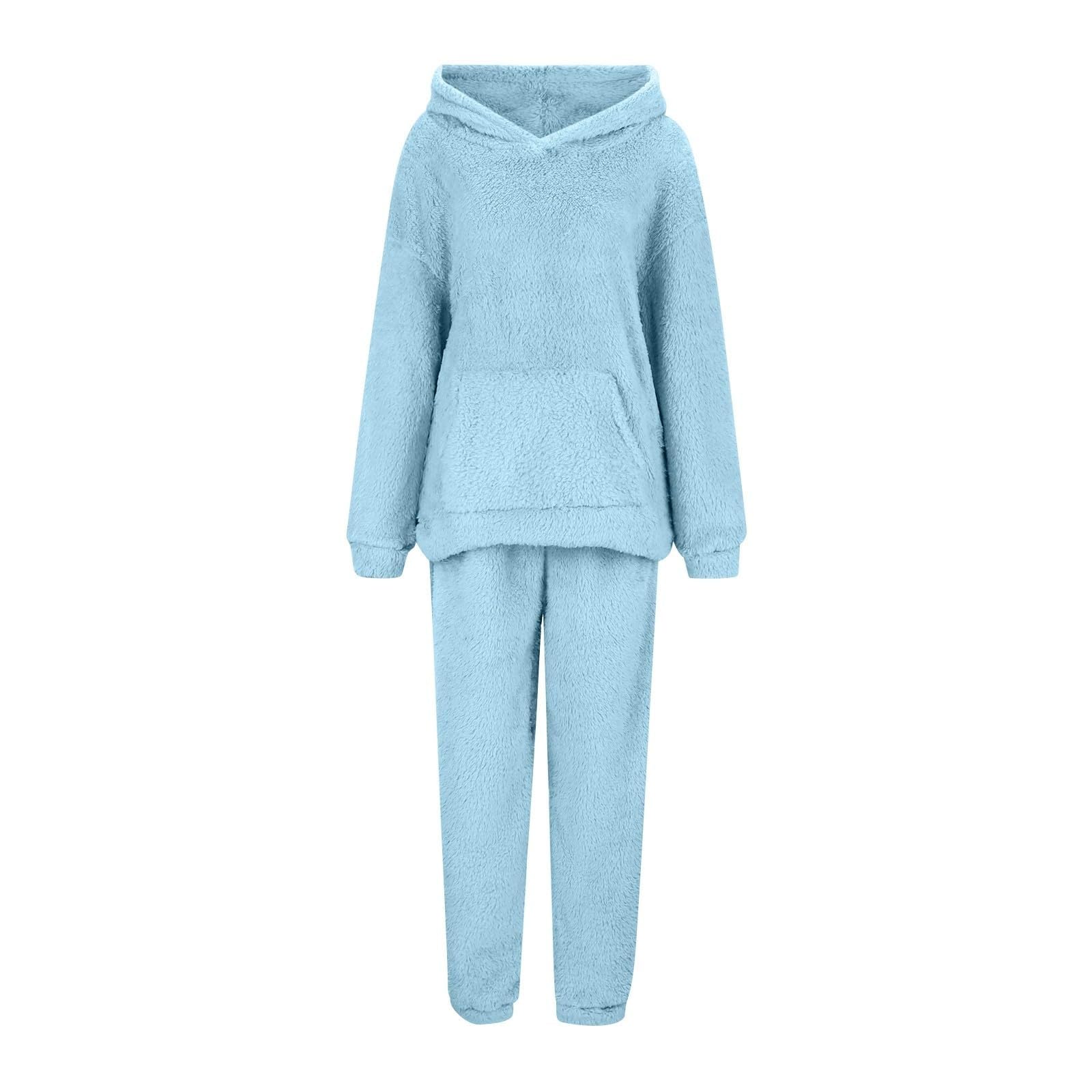 Generisch Traje de casa para mujer con capucha y bolsillos, suave y grueso, pijama de un solo color, traje de felpa, traje térmico, traje de ocio largo, conjunto cómodo de dos piezas de invierno