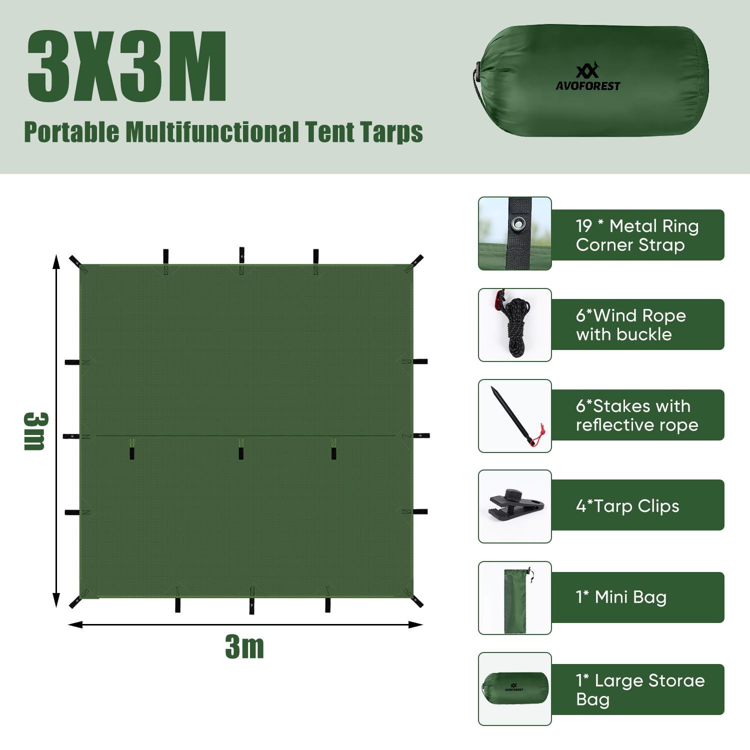 Lona impermeable 3 x 3, lona ultraligera, lona de camping con 19 ojales, pasadores de aluminio, cuerdas de nailon, clips para tiendas de campaña, anti UV, nieve y lluvia, para camping