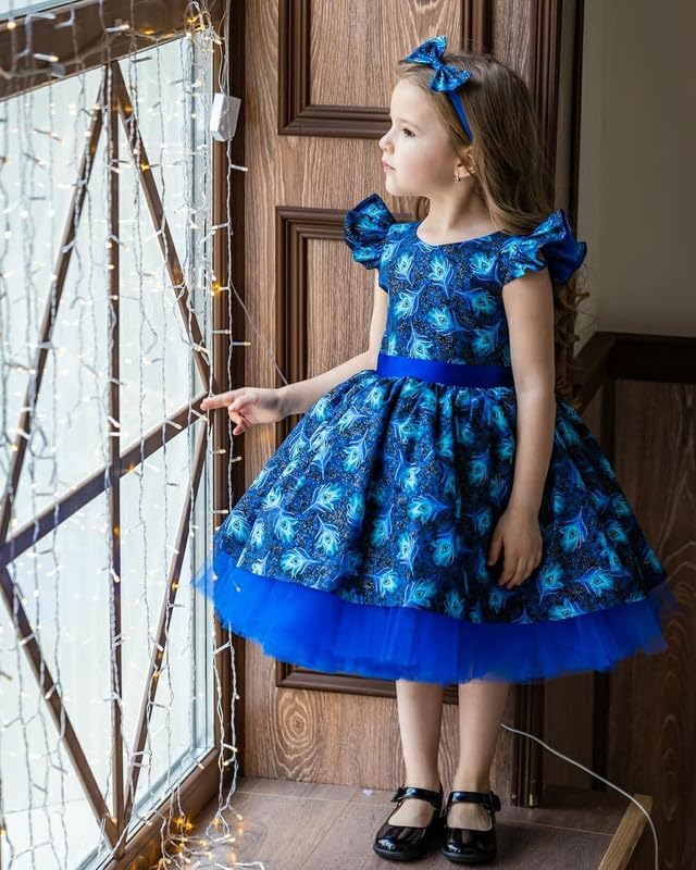 Image of Niren Enterprise Blue Dragon Peacock Feather ptinted Baby Girl Dress and Frock