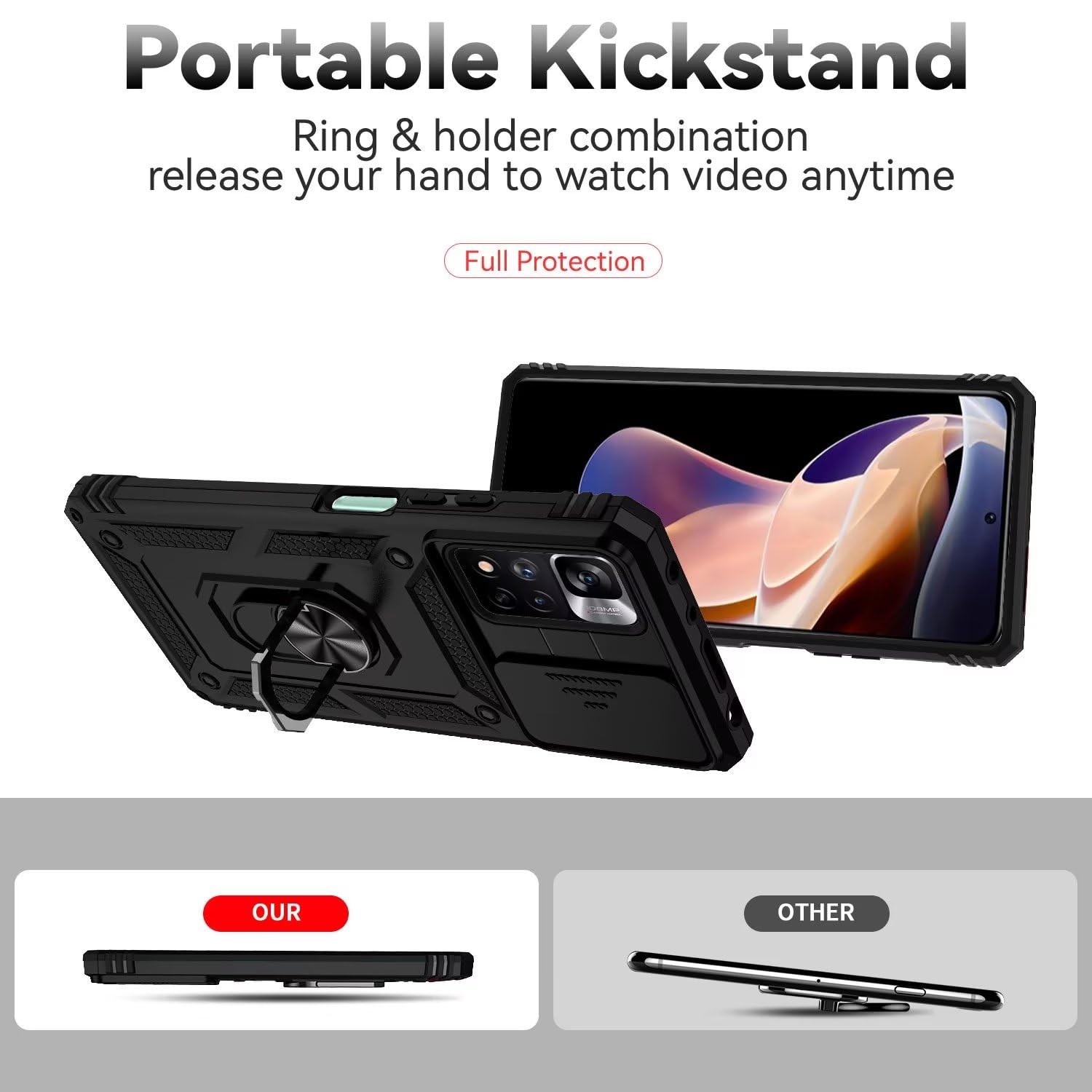 ESTH® Case For Xiaomi Redmi Note 13 Pro 4G/Poco M6 Pro 4G With Slide Camera Cover, Military Grade Shockproof Protective Cover With Rotatable Metal Ring Kickstand [Support Magnetic Car Mount], Blue - View #4