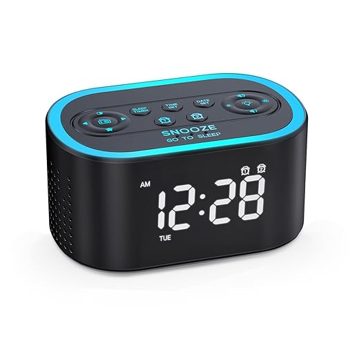ONLAKE Small Radio Alarm Clock for Bedroom, Weekday/Weekend Dual Alarm, High Fidelity Speaker, FM Radio, 8 Color Night Light, Dimmer, Battery Backup, Plug in Clocks for Heavy Sleepers (Upgraded)