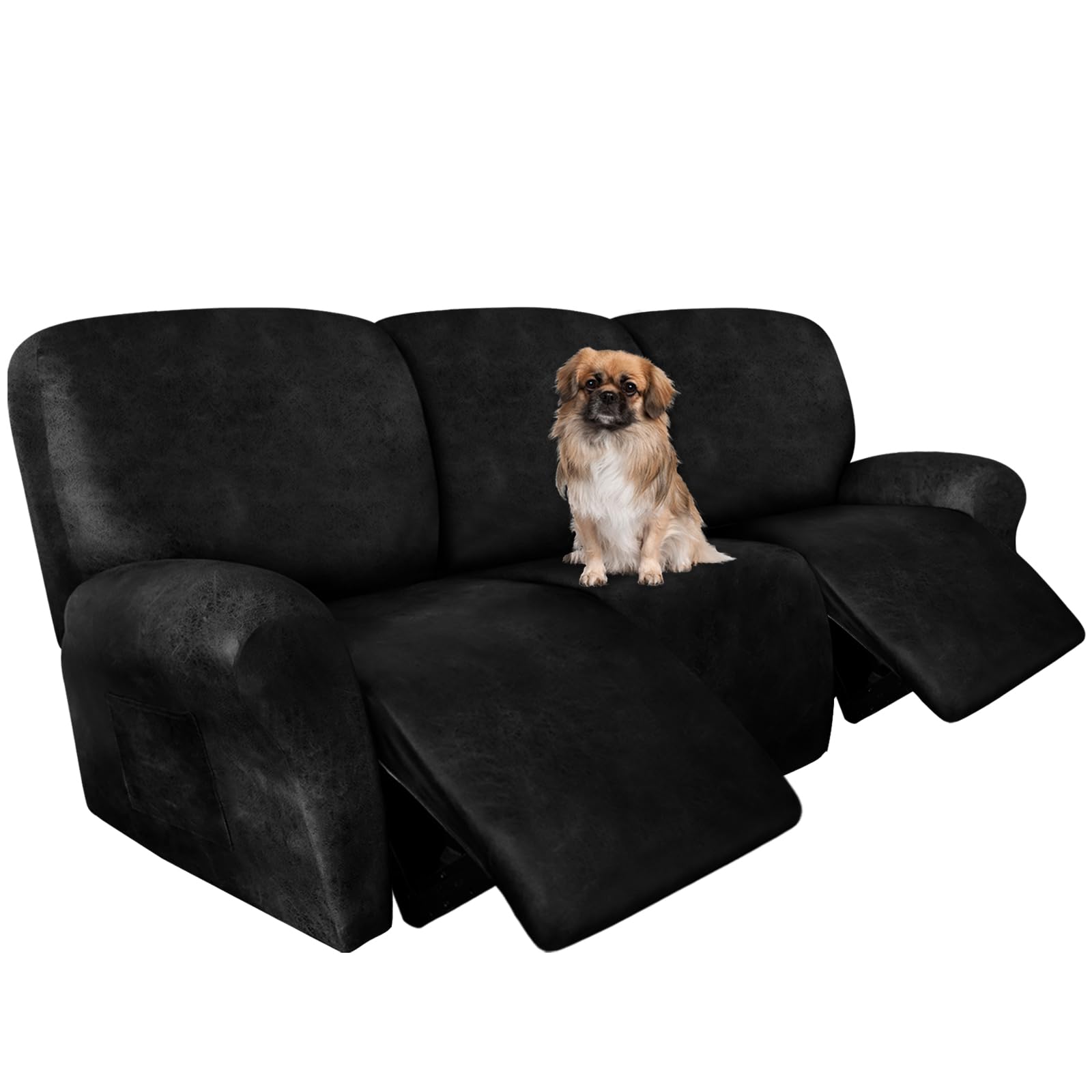 ANARACHON Recliner Couch Cover Leather Look Recliner Sofa Covers for 3 Cushion Reclining Sofa Slipcovers 8-Pieces Furniture Protector Spandex Fabric Washable (3 Seater, 02 Black)