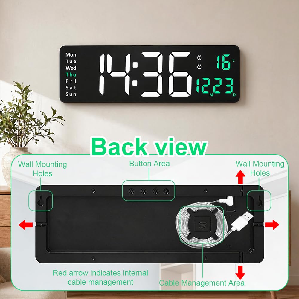 40,6 cm große digitale Wanduhr, LED-Digitaluhr mit Fernbedienung, Datum, Woche, Temperaturanzeige, Dual-Alarme, 12/24 Stunden, 10-stufiger Dimmer, Countdown-Timer für Wohnzimmer, Büro, Küche (grün)