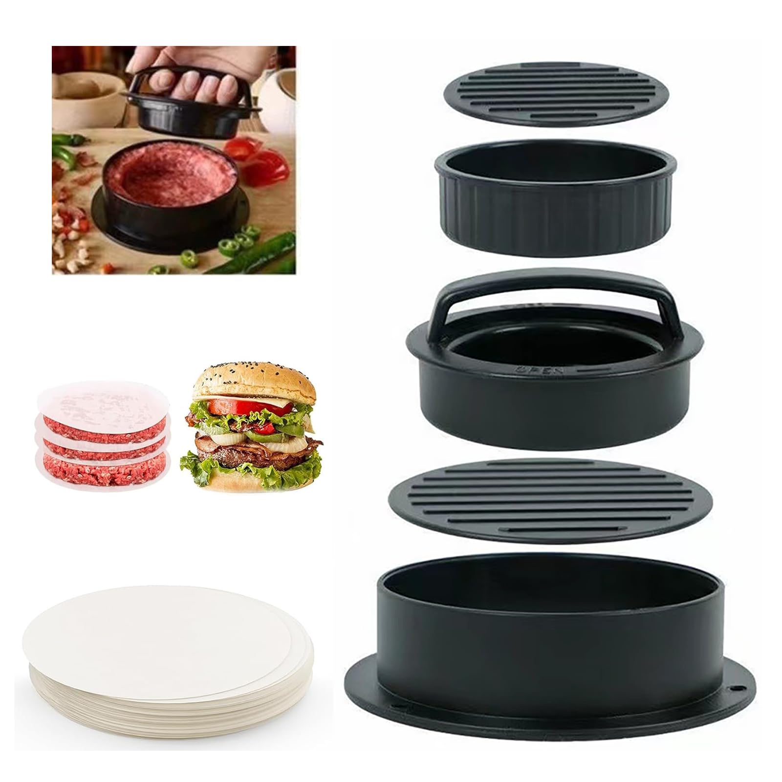 Pressa per hamburger, hamburger Pattie Presse 3 in 1, set di 50 pezzi di carta cerata