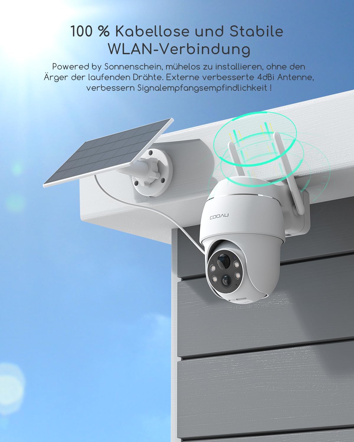 COOAU 5MP Überwachungskamera Aussen mit Solarpanel - 4dBi Kamera Überwachung Aussen Akku - WLAN Outdoor Kamera mit H.265-Videokomprimierung | 4 Spotlight | Cloud-Speicher | 2.4GHz