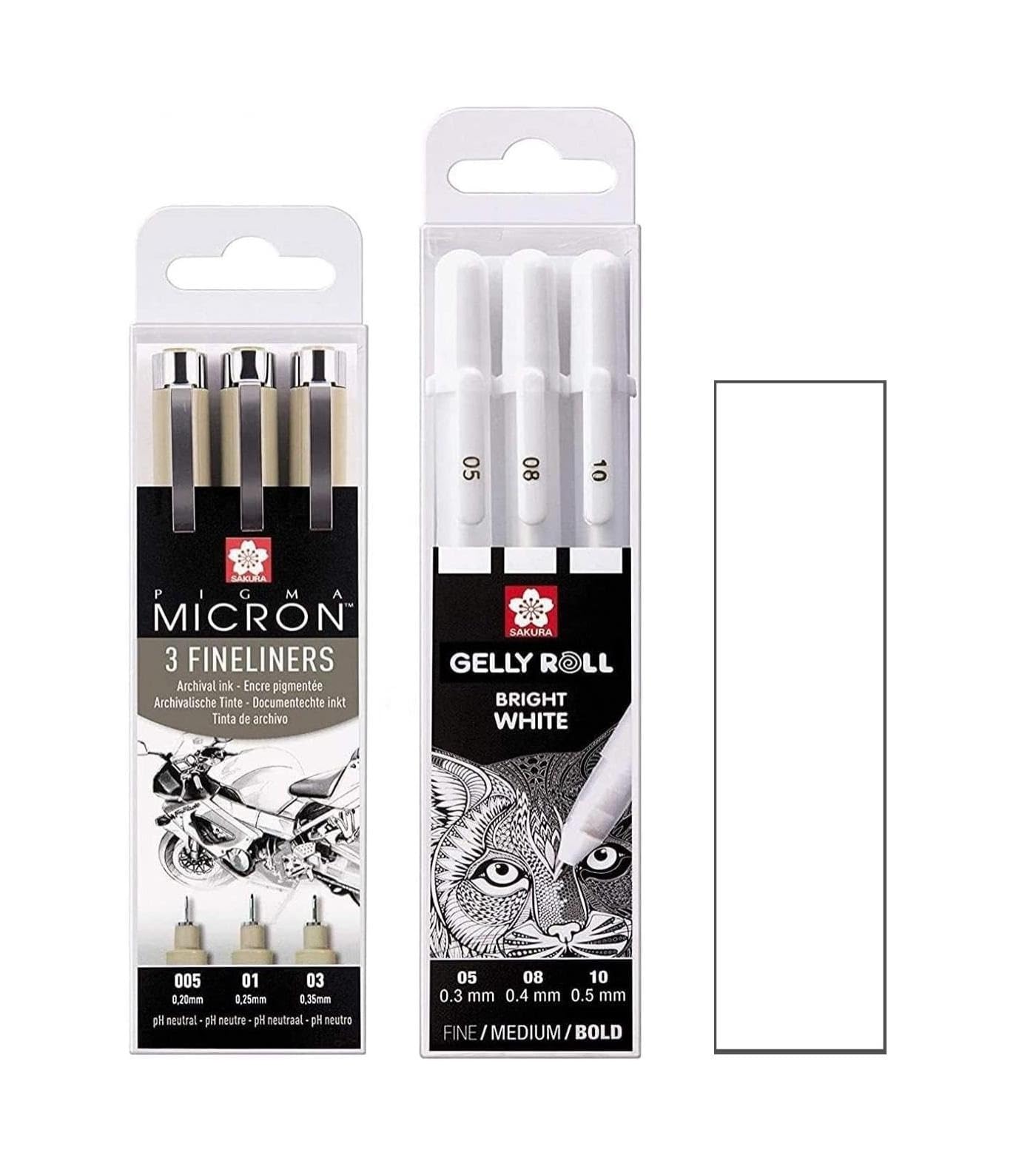 Pigma Micron 005 .01. 03 Gelly Roll White, 3 Pens Bright White in Case, Mix Size 05/08/10