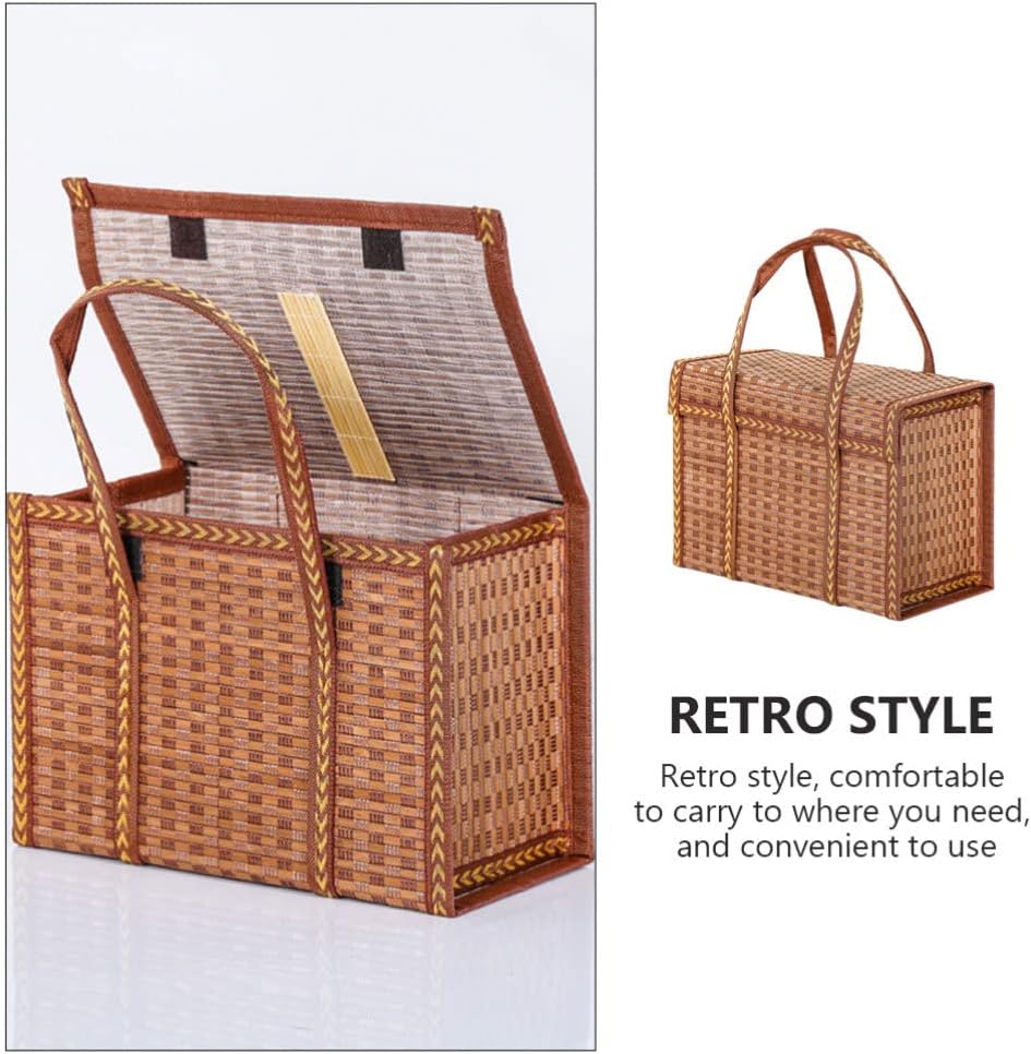 HEMOTON African Market Basket Woven Straw Picnic Basket with Handle Lid Rattan Grocery Bag Shopping Bag Flower Arrangement Holder Pot for Decorations Outdoor Egg Holder Baskets for Organizing