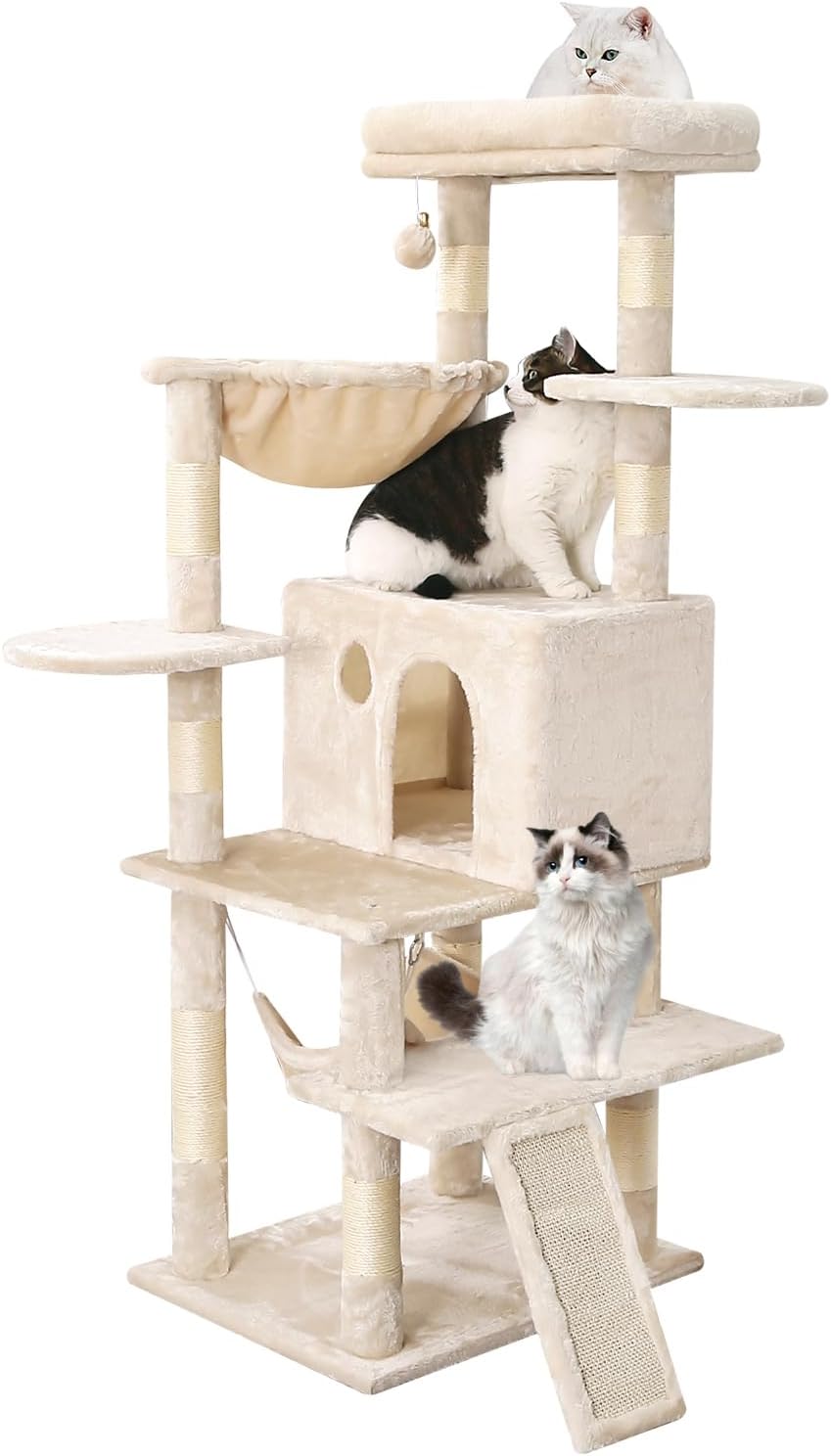 YARUOMY Cat Tree for Indoor Cats Large Adult with Big Basket，55.9" Multi-Level Cat Tower for Large Cats with Spacious Condo，Enlarged Top Perch，10 Scratching Posts and Scratcher Ladder, Beige