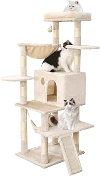 YARUOMY Cat Tree 55.9'' Tall for Large Cats, Cat Tower for Indoor Cats with Scratching Post, Cat Bed, Condo,Plush Perch & Hammock, BeigeBeige
