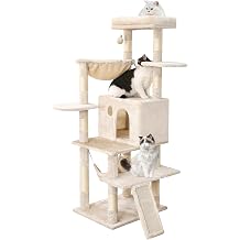 YARUOMY Cat Tree for Indoor Cats Large Adult with Big Basket,55.9" Multi-Level Cat Tower for Large Cats with Spacious Condo,Enlarged Top Perch,10 Scratching Posts and Scratcher Ladder, Beige