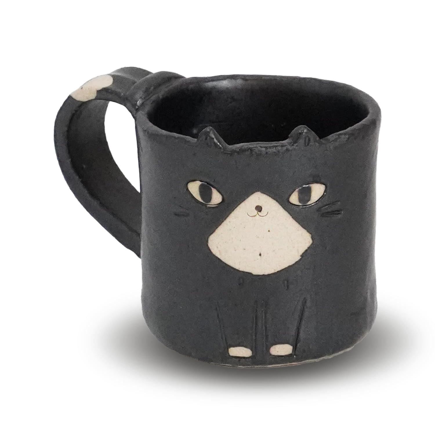 Handcrafted Mino Ware Cat Mug - Charming Artisan Design, Ideal for Coffee and Tea, 9.4 fl oz - Durable Earthenware (Black Cat)
