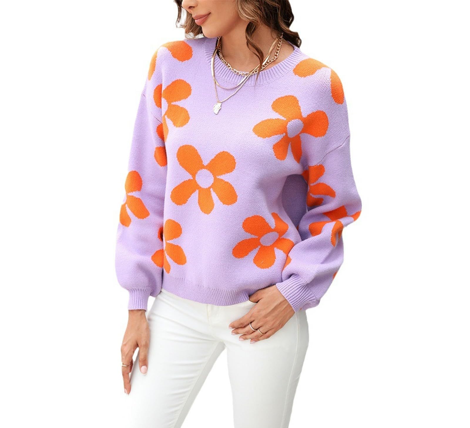 Maglione da Donna Carino, Pullover Ampio Lavorato A Maglia con Scollo Tondo, Maniche Lunghe-Bianco-l