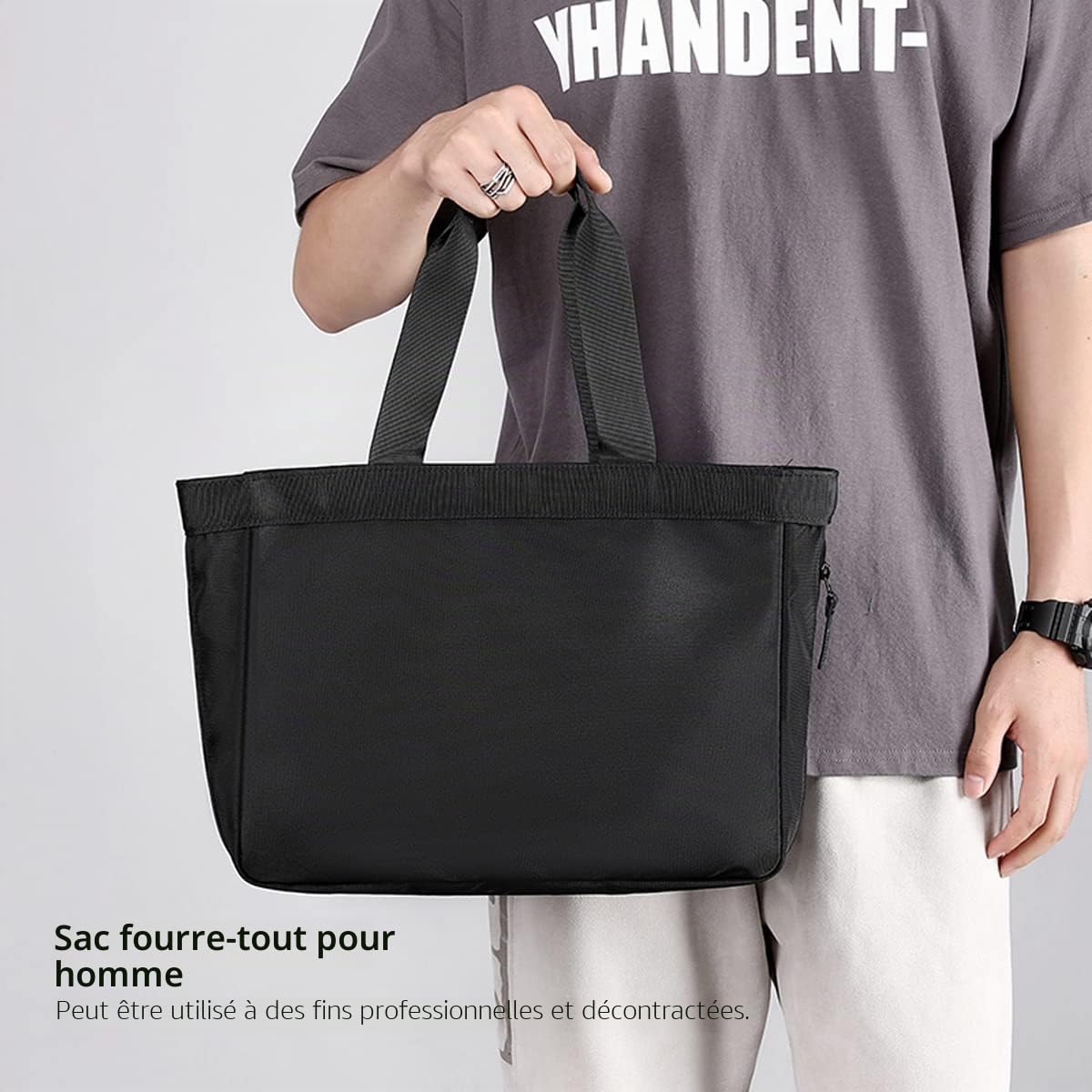 zhongningyifeng Sac fourre-tout pour homme de 14 pouces en nylon imperméable léger d'affaires décontracté noir sac à main pour le travail, l'école, les voyages, Noir, L
