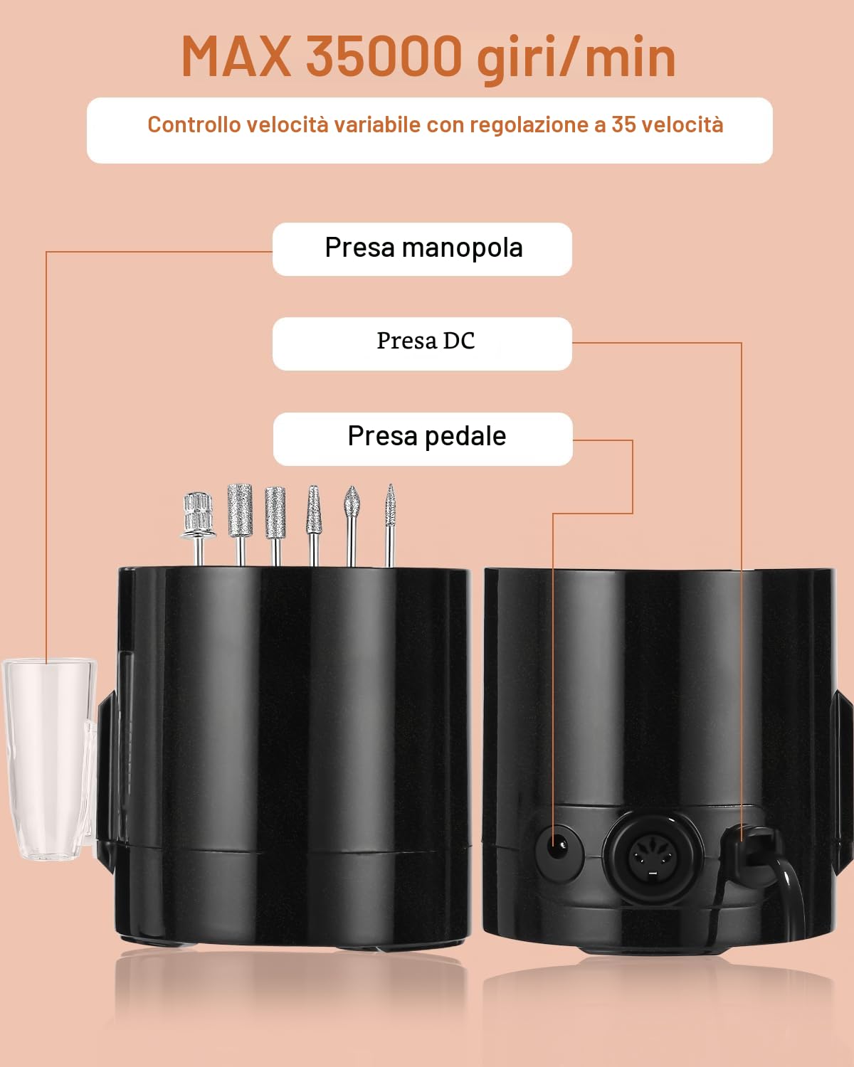 Fresa per Unghie Professionale, Lima per Unghie Elettrica 35000RPM, Set Manicure Elettrico con Pedale e 6 Fresa, Macchina per Unghie Acriliche Gel, Nail Drill, Manicure e Pedicure Elettrico