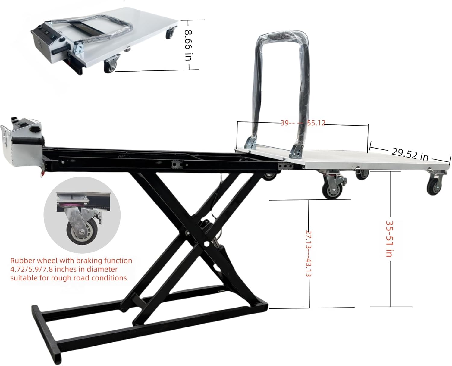 Electric Hydraulic Lift Trolley ，Folding Material Elevator，Can be Easily Transported Goods to Trucks and Warehouse Racks，It is Suitable for Various Types of Roads and Vehicles.（Customizable ）