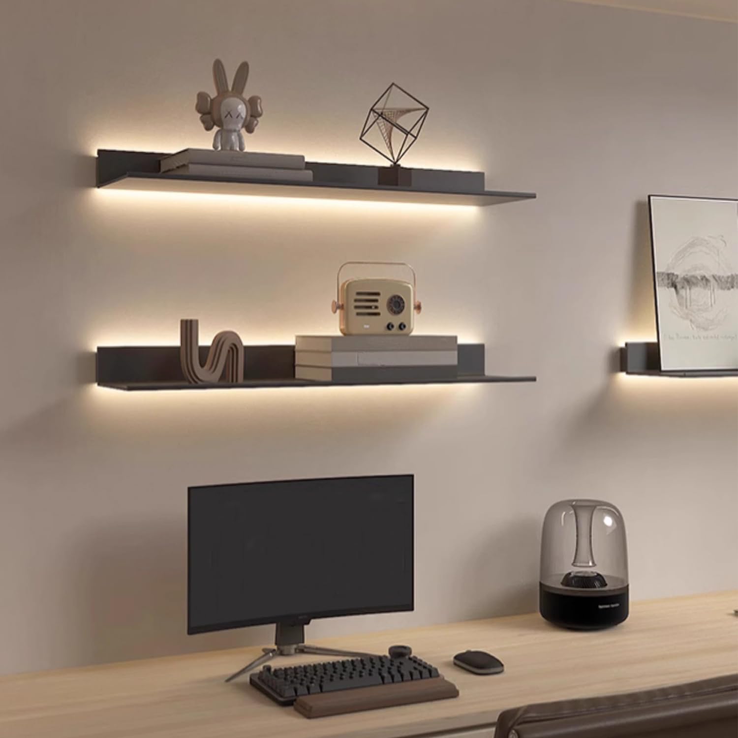 Floating Wall Shelves with Built-in LED Light, Metal Wall Mounted Display Shelf for Living Room, Office, Bedroom
