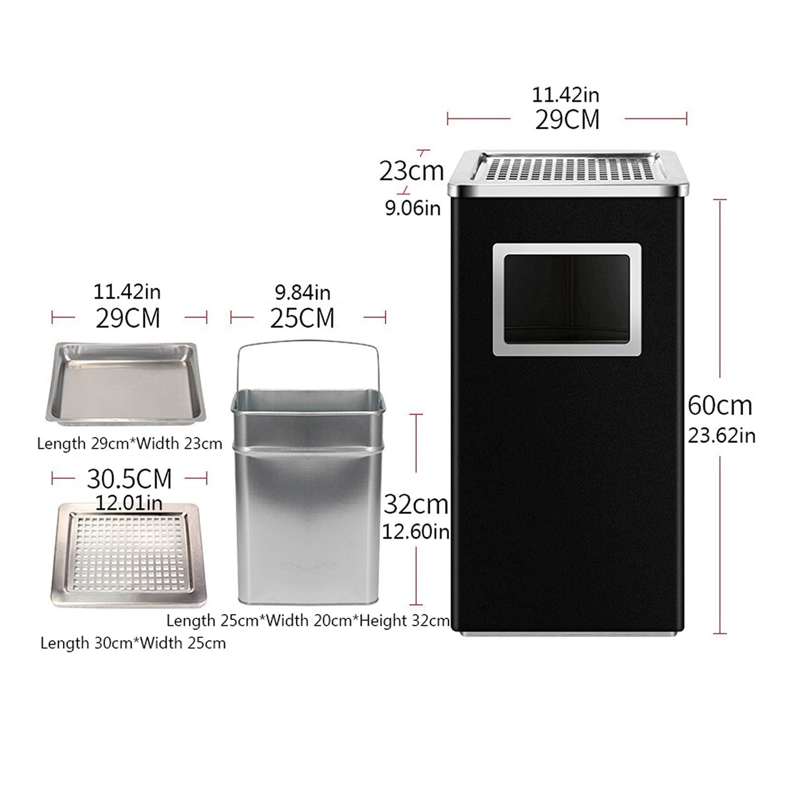 DFEDHF Garbage Can Outdoor Trash Can Trash Bin,Black,Decorative Fluted Panels,Stainless Steel Ashtray,Square Trash for Commercial Trash Bin