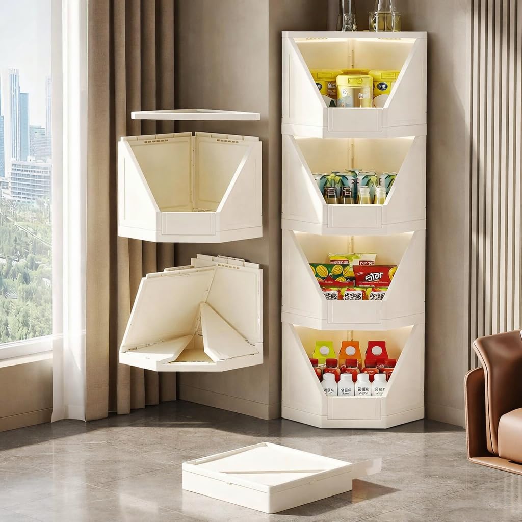 JD Fresh 4 Tier Plastic Corner Storage Cabinet/Foldable Cupboard for Storage/Stackable Cupboard for Cloth with Layer Locking System/Toy Organizer/Spacious Storage Rack for Books,Toys and Décor (Ivory)-image-24