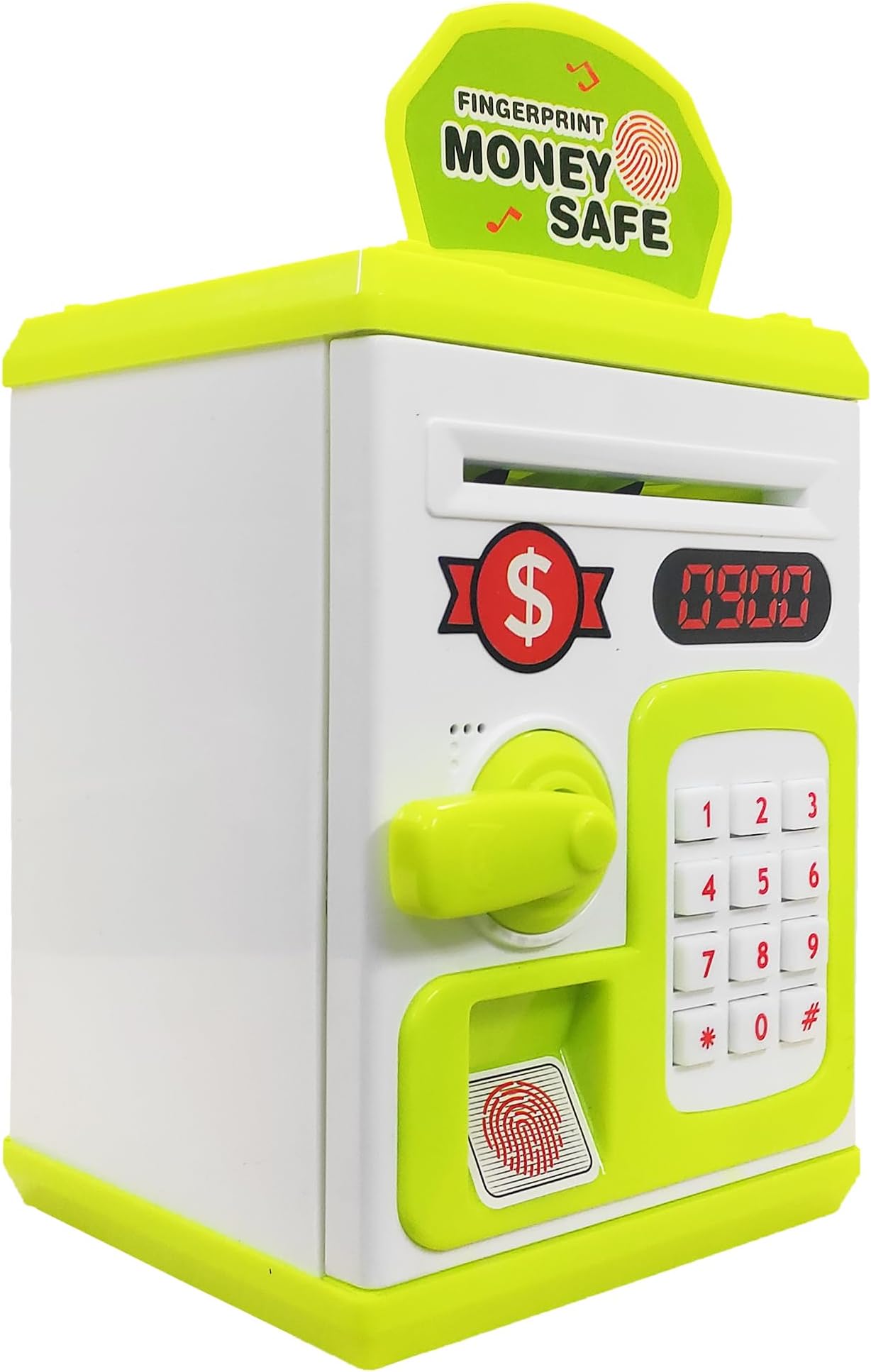 VGRASSP Money Safe Piggy Bank (The Gullak) Toy for Kids and Adults with 3 Step Unlock - Feed Number Password Touch Finger Sensor Then Twist Handle to Open The Door (Green - White)