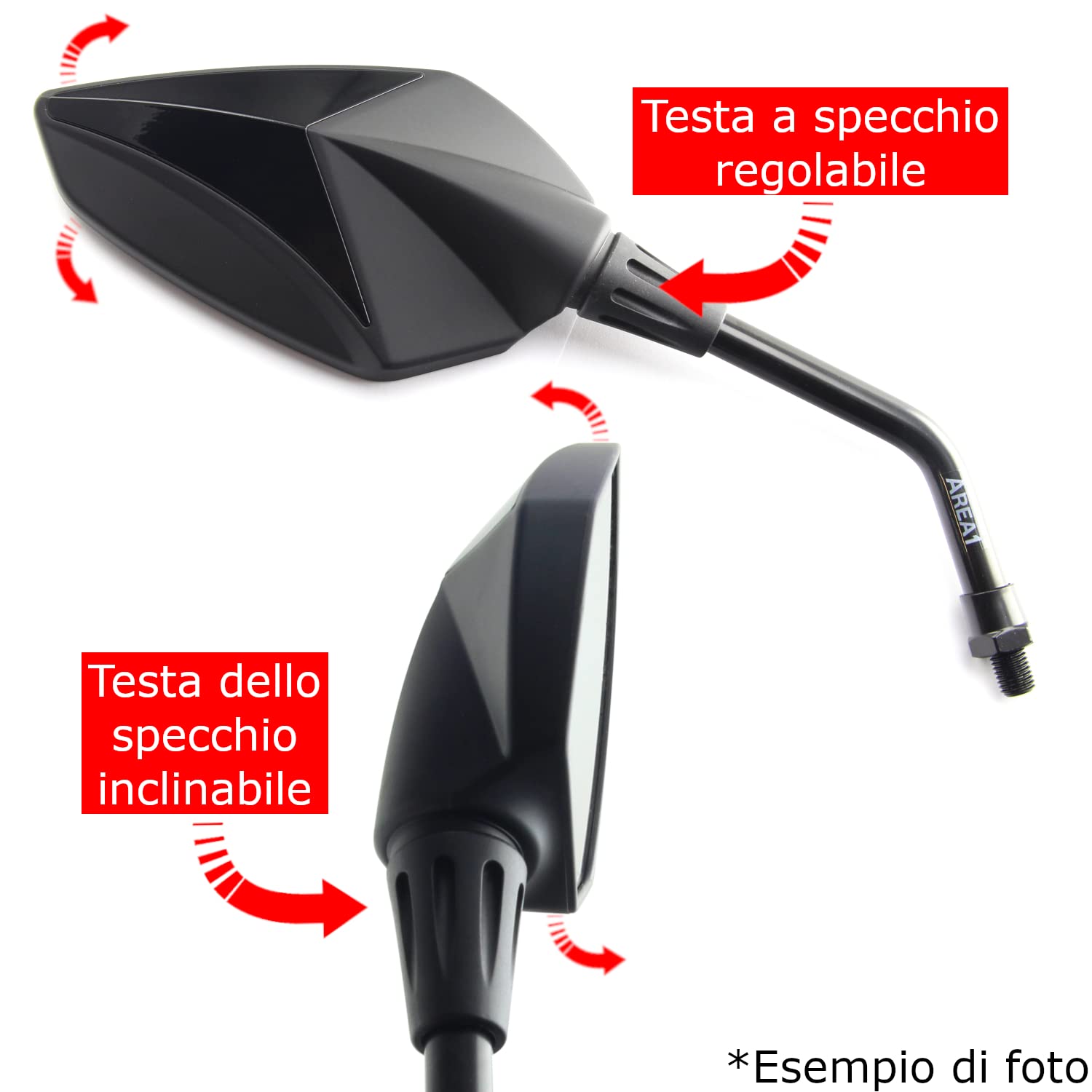 Area1 Coppia Specchietti Retrovisori Universali per Moto – Omologati E, 2x M10 Filettatura Destra + Adattatore Filetto Sinistro, Compatibili con GSX-S, GSF Bandit, SV650, R12, S1000R / S1000XR