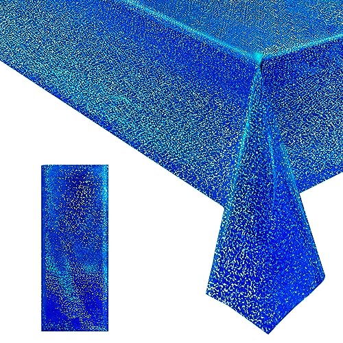 Image of 1 pcs Royal Blue Holographic Party Tablecloth 40 inch x 108 inch Iridescence Plastic Table Cloth Navy Blue Sparkly Table Covers for Graduation 4th of July Birthday Winter Christmas Party Decoration