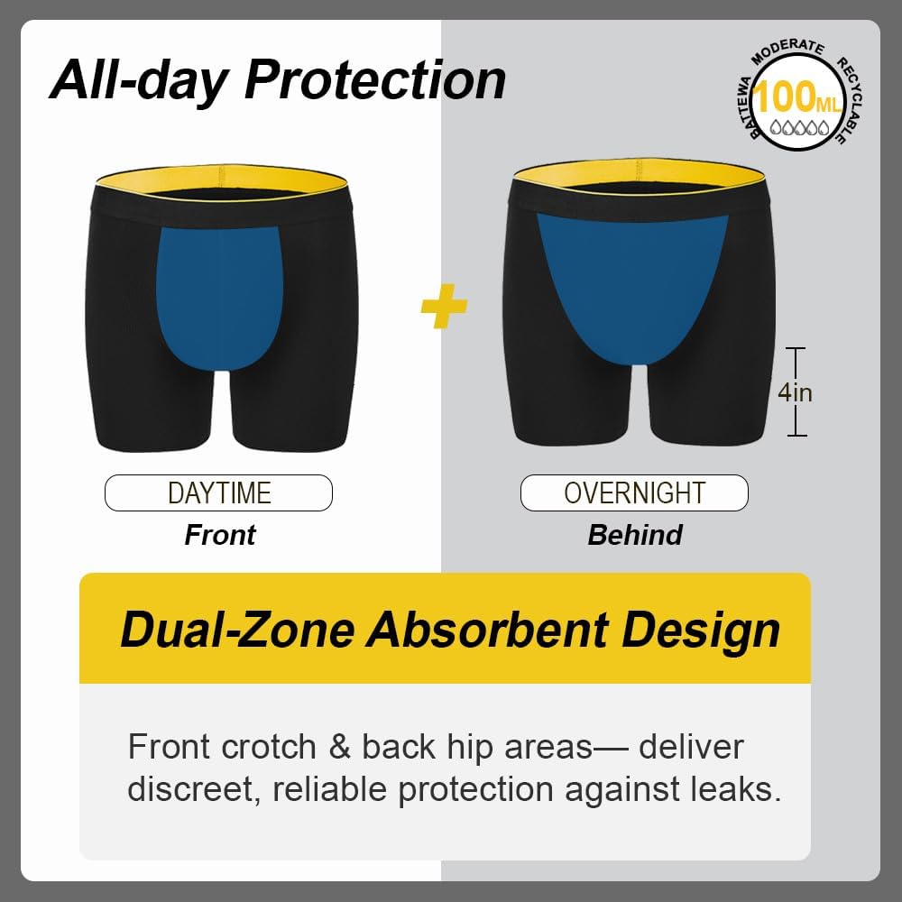 BATTEWA Full Coverage Incontinence Underwear for Men Overnight Leak Proof Boxer Briefs Protective Underpants for Male Bladder Control Absorbency 100ml, 3Pack (XL, Black) - Image 3