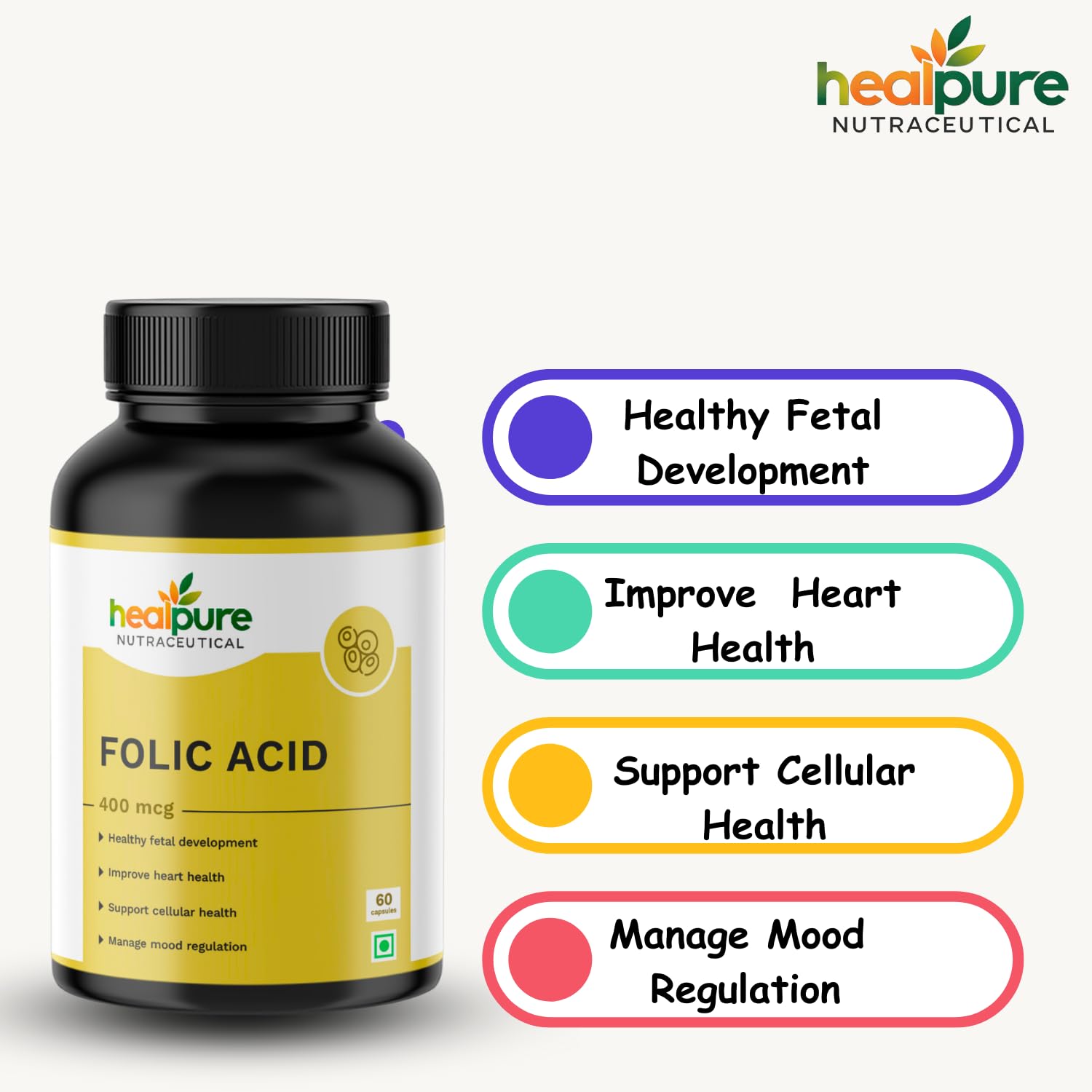 HEALPURE NUTRACEUTICAL Folic Acid 400 mcg - 60 Capsules (Pack of 2) 3