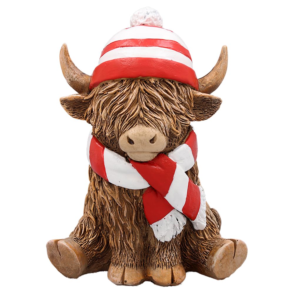 Highland Cow With Red Football Hat &  Scarf Ornament Resin In Gift Box 12cm