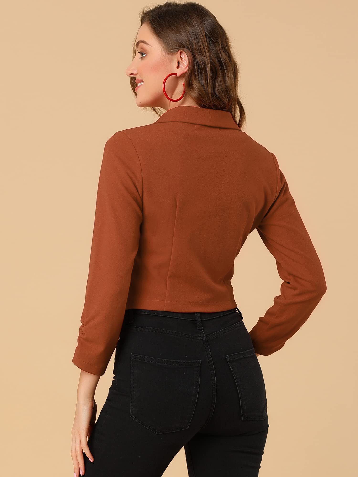 Allegra K Damen Tweed Blazer Kurz Langarm Umlegekragen Geraffte Ärmel Offen Crop Jacke