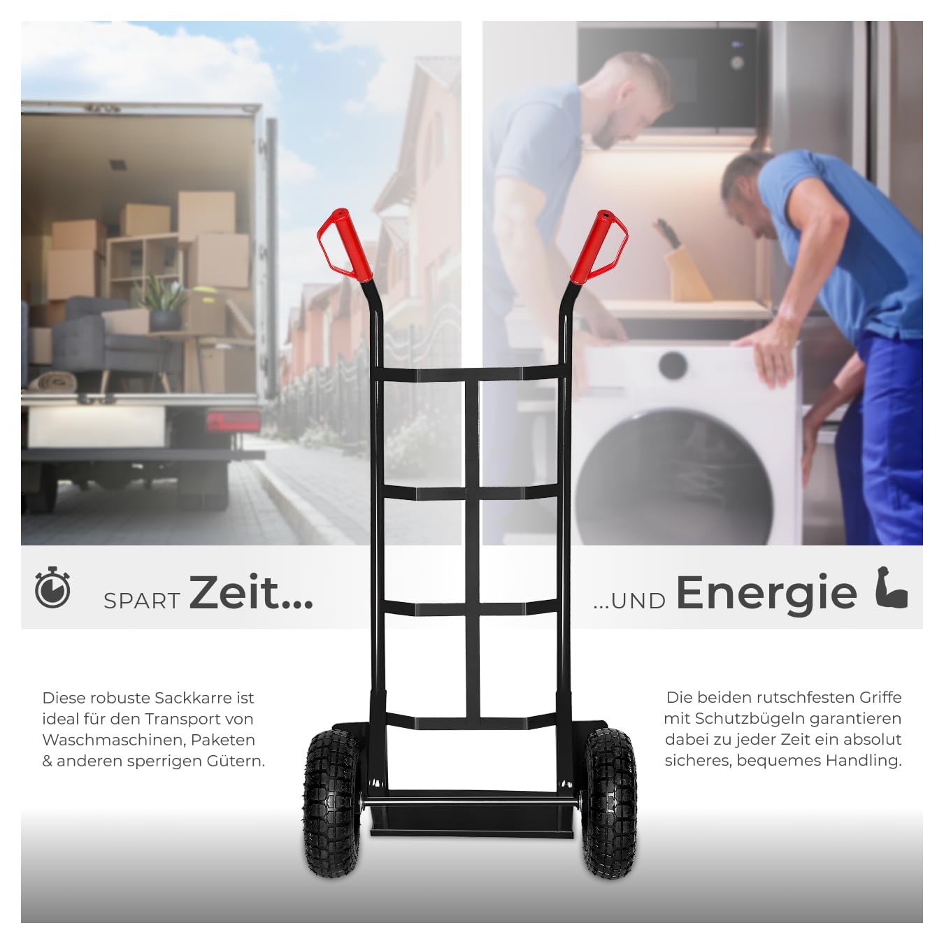 tectake® Sackkarre mit Ladeschaufel, Sackrodel mit Stahlrahmen, Räder Gummi-Luftbereifung, belastbar bis 200 kg, Transporter für Getränkekisten, für Umzug, Waschmaschine - schwarz