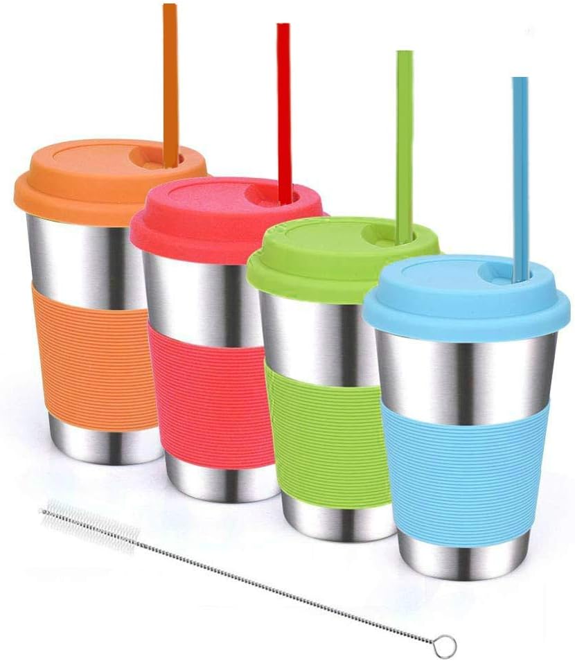 Stainless Steel Cups with Silicone Lids and Straws for Kids and Adults - 4 Pack Eco-Friendly Spill-Proof Sippy Cups for Toddlers - 16 oz. Reusable Drinking Tumblers for Milk or Water with Straw Brush