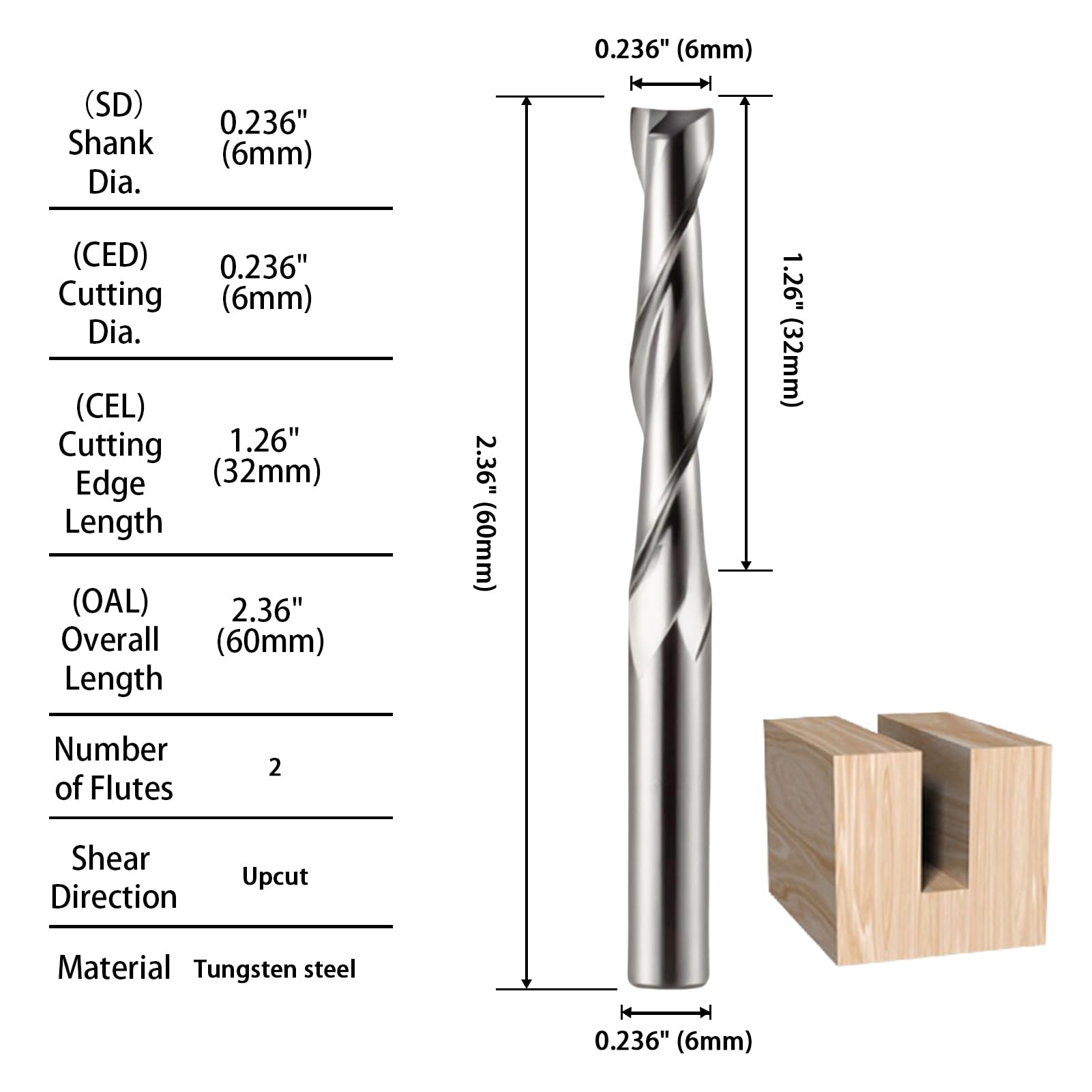 CNC Router Bits 6mm Shank 6mm Cutting Dia Flat Nose Carbide Endmill Two Flute Spiral Upcut Milling Cutter Tool Set for Wood PVC MDF Hardwood(6x32mm,5 PCS) - Image 2