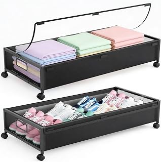 2 Pack Black Under Bed Storage Containers Heavy Duty Metal Frame Rolling Storage Drawers with Clear Lid Lockable Wheels 70lbs Capacity Underbed Organizer for Clothes Blankets Shoes