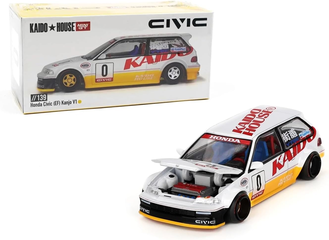 Diecast Collectibles Model Car Compatible with Kaido House 1:64 Honda Civic (EF) Kanjo V1 White/Yellow Limited Edition KHMG139
