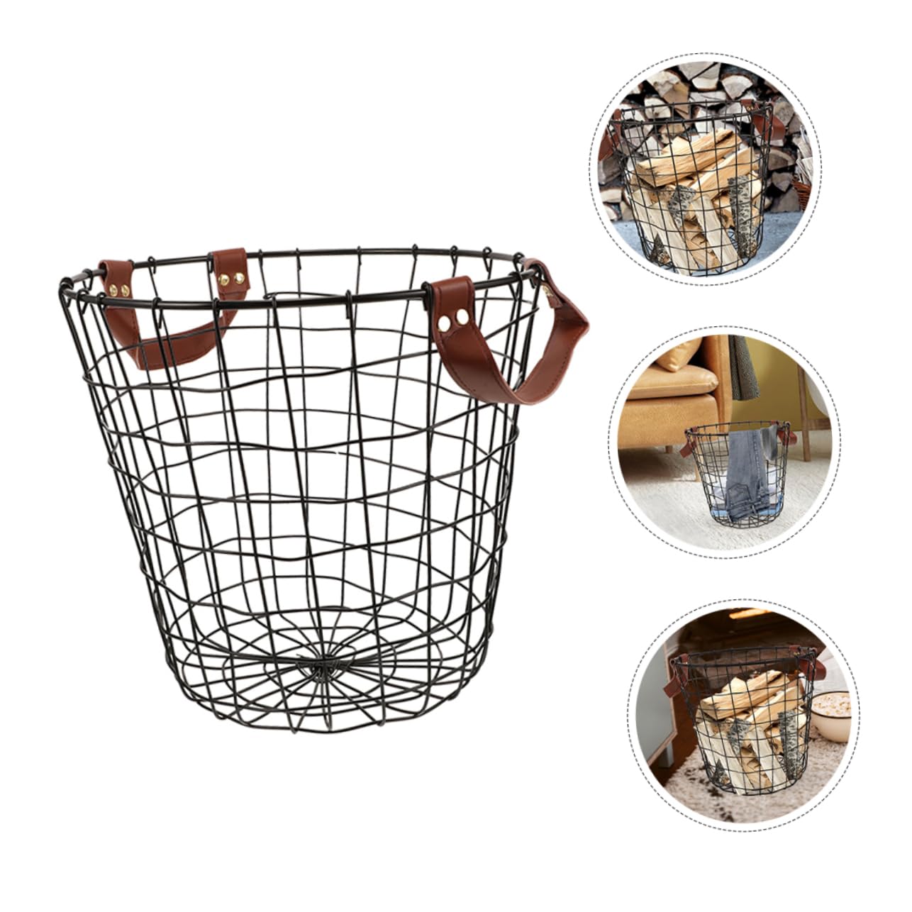 Cesto Portalegna Rotondo in Ferro con Manico Stile Rustico | Ampia Capienza, Uso in Cucina e Ambienti Domestici, Design Farmhouse Decorativo