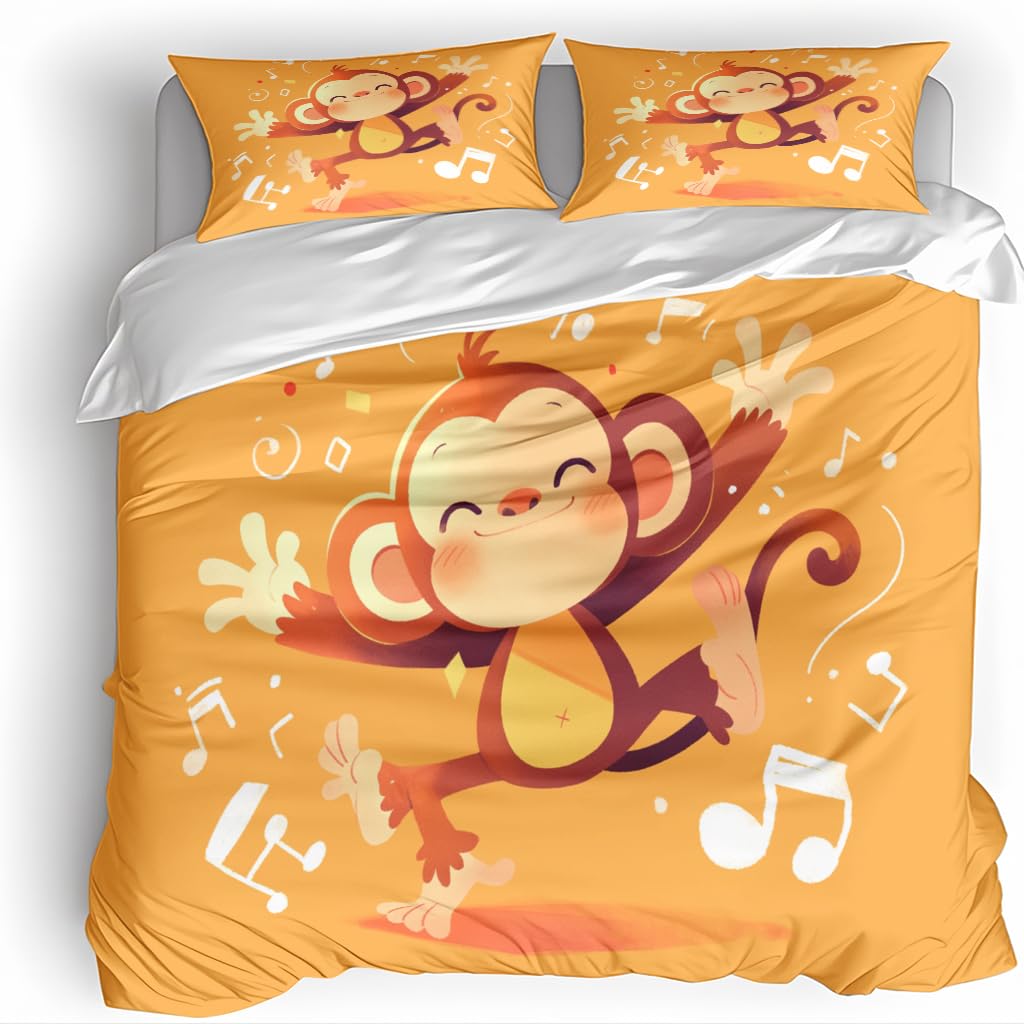 Housse de couette 220x240 enfant motif singe musical et rideaux de lit 3 pièces