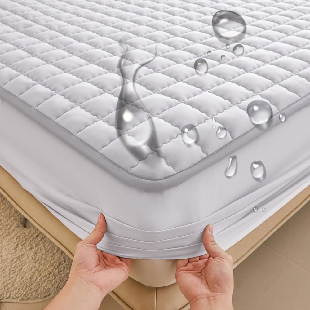 Queen Mattress Protector Waterproof Machine Washable Curved Lattice Mattress Cover Fitted Sheet Style with Deep Pocket Fits Mattresses Up to 15