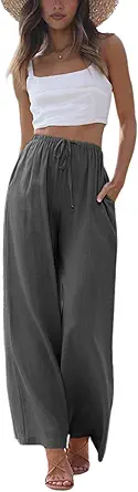 Faleave Women's Cotton Linen Summer Palazzo Pants Flowy Wide Leg Beach Trousers with Pockets