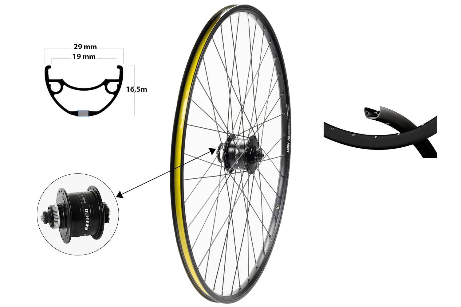 28 Zoll Vorderrad Yak 19 Hohlkammerfelge Schwarz – Nabendynamo DH-3D37-QR – Center Lock Scheibenbremse – 36 Loch – inkl. Felgenband & Speichen