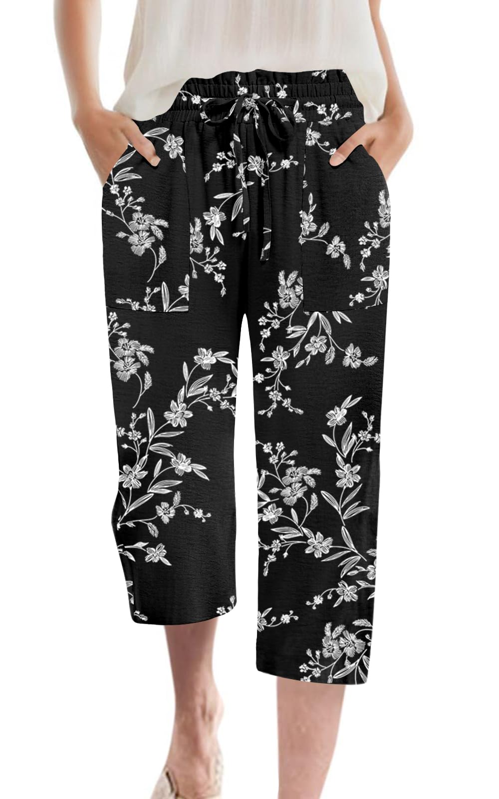 MLXSJ Womens Capri Pants Summer Wide Leg High Waisted Pants Drawstring Casual Trousers with Pockets