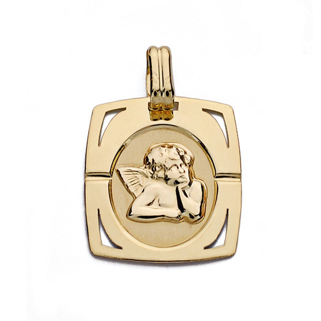 Medalla oro 9k colgante 20mm. angelito forma rectangular esquinas caladas