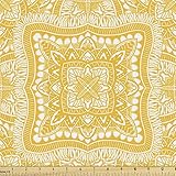 Lunarable Yellow Mandala Fabric by The Yard, Square Shaped Mandala Paisley Inspired Bohem...